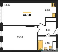 Планировка однокомнатной(квартира) площадью 44.5 квадратных метров в “ЖК Переделкино Ближнее”