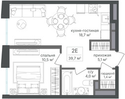 Планировка двухкомнатной(квартира) площадью 39.7 квадратных метров в “ЖК Семеновский парк 2”