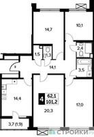 Планировка 4+ комнатной(квартира) площадью 101.1 квадратных метров в “ЖК 1-й Ленинградский (Первый Ленинградский)”