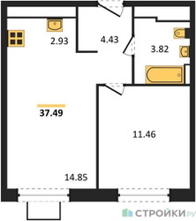 Планировка однокомнатной(квартира) площадью 37.49 квадратных метров в ЖК “ЖК Прибрежный Парк”