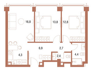 Планировка двухкомнатной(квартира) площадью 63.6 квадратных метров в ЖК “ЖК Симфония 34”