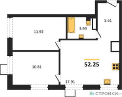 Планировка двухкомнатной(квартира) площадью 52.25 квадратных метров в “ЖК Квартал Тетрис”