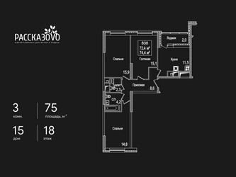 Планировка трехкомнатной(квартира) площадью 75 квадратных метров в ЖК “ЖК Рассказово”