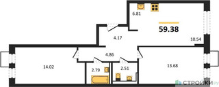 Планировка двухкомнатной(квартира) площадью 59.38 квадратных метров в “ЖК Новое Видное”