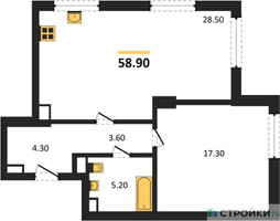 Планировка однокомнатной(квартира) площадью 58.9 квадратных метров в “ЖК Крылатская 33”