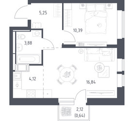 Планировка однокомнатной(квартира) площадью 41.12 квадратных метров в ЖК “ЖК Большое Путилково”