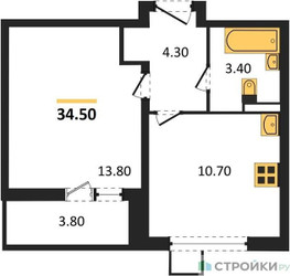 Планировка однокомнатной(квартира) площадью 34.5 квадратных метров в ЖК “ЖК Первый Лермонтовский”