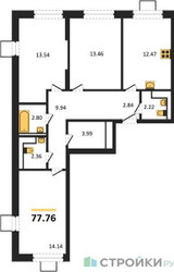 Планировка трехкомнатной(квартира) площадью 77.76 квадратных метров в ЖК “ЖК Томилино Парк”