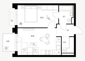 Планировка однокомнатной(квартира) площадью 40.8 квадратных метров в ЖК “ЖК Зеленый парк”