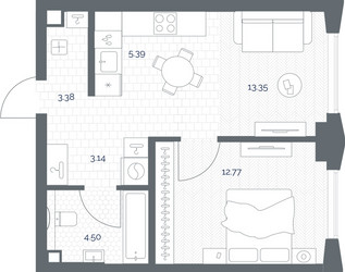 Планировка однокомнатной(квартира) площадью 42.53 квадратных метров в ЖК “ЖК TATE (Тэйт)”