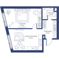 Планировка однокомнатной(квартира) площадью 43.4 квадратных метров в ЖК “ЖК Свет”