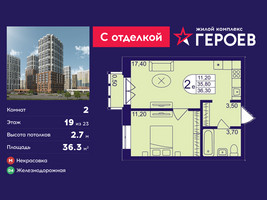 Планировка двухкомнатной(квартира) площадью 36.3 квадратных метров в “ЖК Героев”