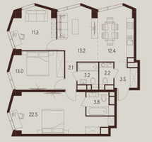 Планировка трехкомнатной(квартира) площадью 87.2 квадратных метров в “ЖК INDY Towers (Инди Тауэрс)”