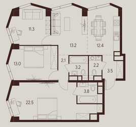 Планировка трехкомнатной(квартира) площадью 87.2 квадратных метров в ЖК “ЖК INDY Towers (Инди Тауэрс)”