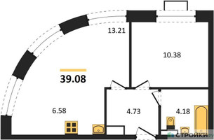 Планировка однокомнатной(апартаменты) площадью 39.08 квадратных метров в “ЖК Движение. Говорово”