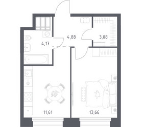 Планировка однокомнатной(апартаменты) площадью 37.4 квадратных метров в ЖК “ЖК Апарт-отель Тропарево парк”