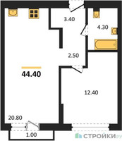 Планировка однокомнатной(квартира) площадью 44.4 квадратных метров в “ЖК Первый квартал”