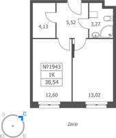 Планировка однокомнатной(апартаменты) площадью 38.54 квадратных метров в “ЖК Волковская 67”