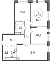 Планировка трехкомнатной(квартира) площадью 77.6 квадратных метров в “ЖК Первый Московский”
