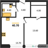 Планировка однокомнатной(квартира) площадью 40.7 квадратных метров в “ЖК INJOY (Инджой)”