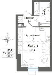Планировка студии(квартира) площадью 27 квадратных метров в ЖК “ЖК КИНОКВАРТАЛ”