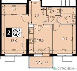 Планировка двухкомнатной(квартира) площадью 54.9 квадратных метров в “ЖК 1-й Измайловский (Первый Измайловский)”