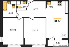 Планировка двухкомнатной(квартира) площадью 58.6 квадратных метров в “ЖК Южные сады”