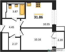 Планировка однокомнатной(квартира) площадью 31.86 квадратных метров в “ЖК Пригород Лесное”