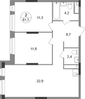Планировка двухкомнатной(квартира) площадью 61.3 квадратных метров в “ЖК Первый Московский”