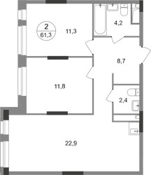 Планировка двухкомнатной(квартира) площадью 61.3 квадратных метров в ЖК “ЖК Первый Московский”