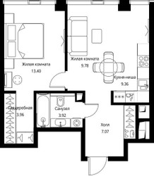 Планировка однокомнатной(квартира) площадью 47.49 квадратных метров в ЖК “ЖК Сити Бэй”