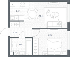Планировка однокомнатной(квартира) площадью 39.94 квадратных метров в “ЖК TATE (Тэйт)”