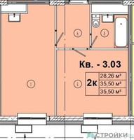 Планировка однокомнатной(квартира) площадью 35.5 квадратных метров в “ЖК Радость (Радумля Парк)”