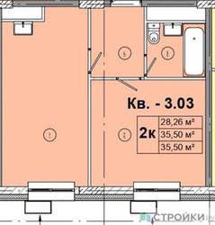 Планировка однокомнатной(квартира) площадью 35.5 квадратных метров в “ЖК Радость (Радумля Парк)”