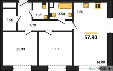 Планировка двухкомнатной(квартира) площадью 57.9 квадратных метров в ЖК “Жилые кварталы Белый Град”