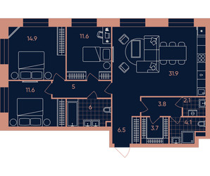 Планировка 4+ комнатной(квартира) площадью 101.2 квадратных метров в ЖК “Квартал Эра”