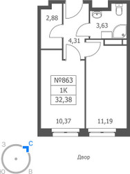 Планировка однокомнатной(апартаменты) площадью 32.38 квадратных метров в ЖК “ЖК Волковская 67”
