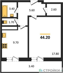 Планировка однокомнатной(квартира) площадью 44.2 квадратных метров в ЖК “ЖК Малиново”