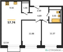 Планировка двухкомнатной(квартира) площадью 57.74 квадратных метров в “ЖК Рублевский Квартал”