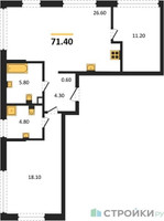 Планировка двухкомнатной(квартира) площадью 71.4 квадратных метров в “Акценты”