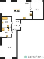 Планировка двухкомнатной(квартира) площадью 71.4 квадратных метров в ЖК “Акценты”
