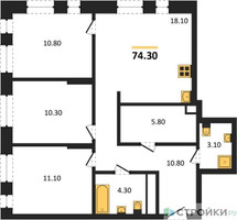 Планировка трехкомнатной(квартира) площадью 74.3 квадратных метров в “ЖК Первый Московский”