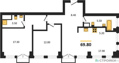 Планировка двухкомнатной(квартира) площадью 69.8 квадратных метров в ЖК “ЖК Emotion (Эмоушен)”