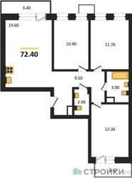 Планировка трехкомнатной(квартира) площадью 72.4 квадратных метров в ЖК “ЖК Лесная Отрада”