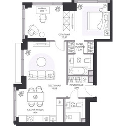 Планировка двухкомнатной(квартира) площадью 65.9 квадратных метров в ЖК “ЖК Hide (Хайд)”