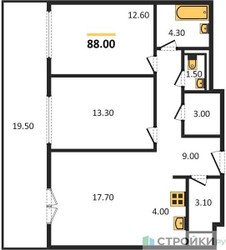 Планировка двухкомнатной(квартира) площадью 88 квадратных метров в ЖК “ЖК Верейская 41”