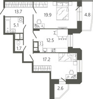 Планировка двухкомнатной(квартира) площадью 72.8 квадратных метров в “ЖК Советская 18”