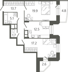 Планировка двухкомнатной(квартира) площадью 72.8 квадратных метров в ЖК “ЖК Советская 18”