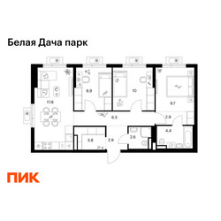 Планировка трехкомнатной(квартира) площадью 69.5 квадратных метров в ЖК “ЖК Белая Дача парк”