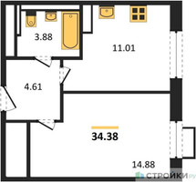Планировка однокомнатной(квартира) площадью 34.38 квадратных метров в “ЖК Пятницкие луга”